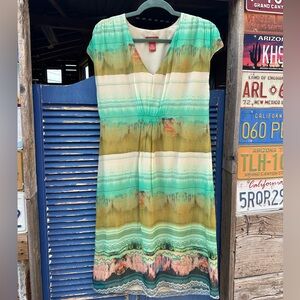 Sundance 100% Silk Capsleeve Dress with/Green & Cream Watercolor print